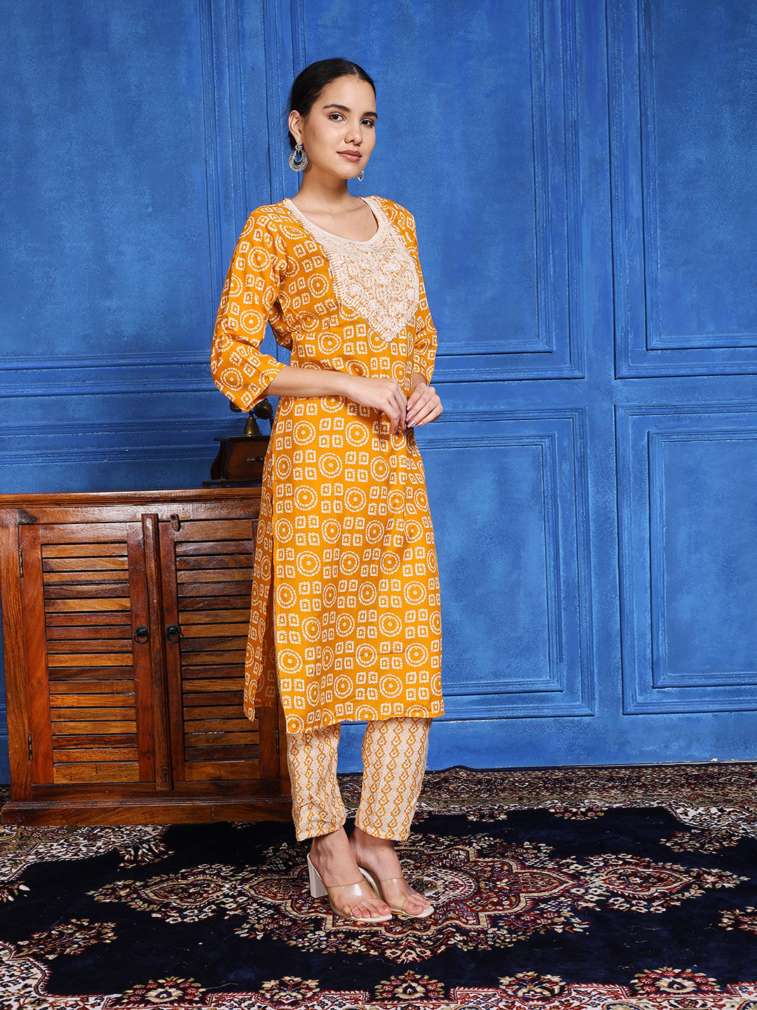 Printed Cotton Blend Kurta With Pants & Dupatta