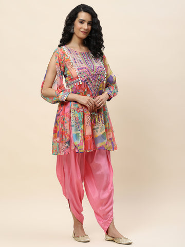 Neck Embroidered Chiffon Kurti With Dhoti Pant