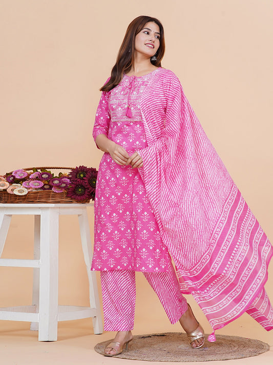 Printed Cotton Blend Kurta With Pants & Dupatta