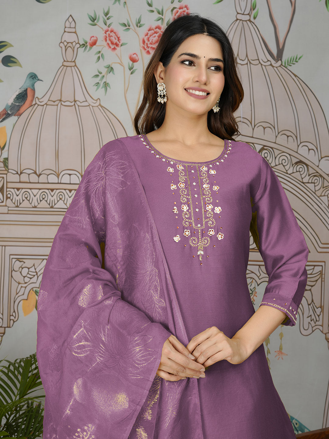 Embroidered Tissue Kurta With Pants &amp; Dupatta