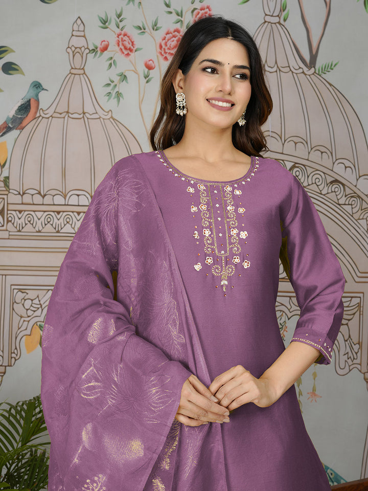 Embroidered Tissue Kurta With Pants &amp; Dupatta