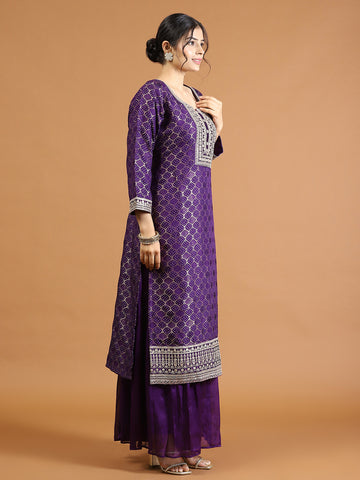 Neck Embroidery Banarasi Kurta With Palazzo & Dupatta