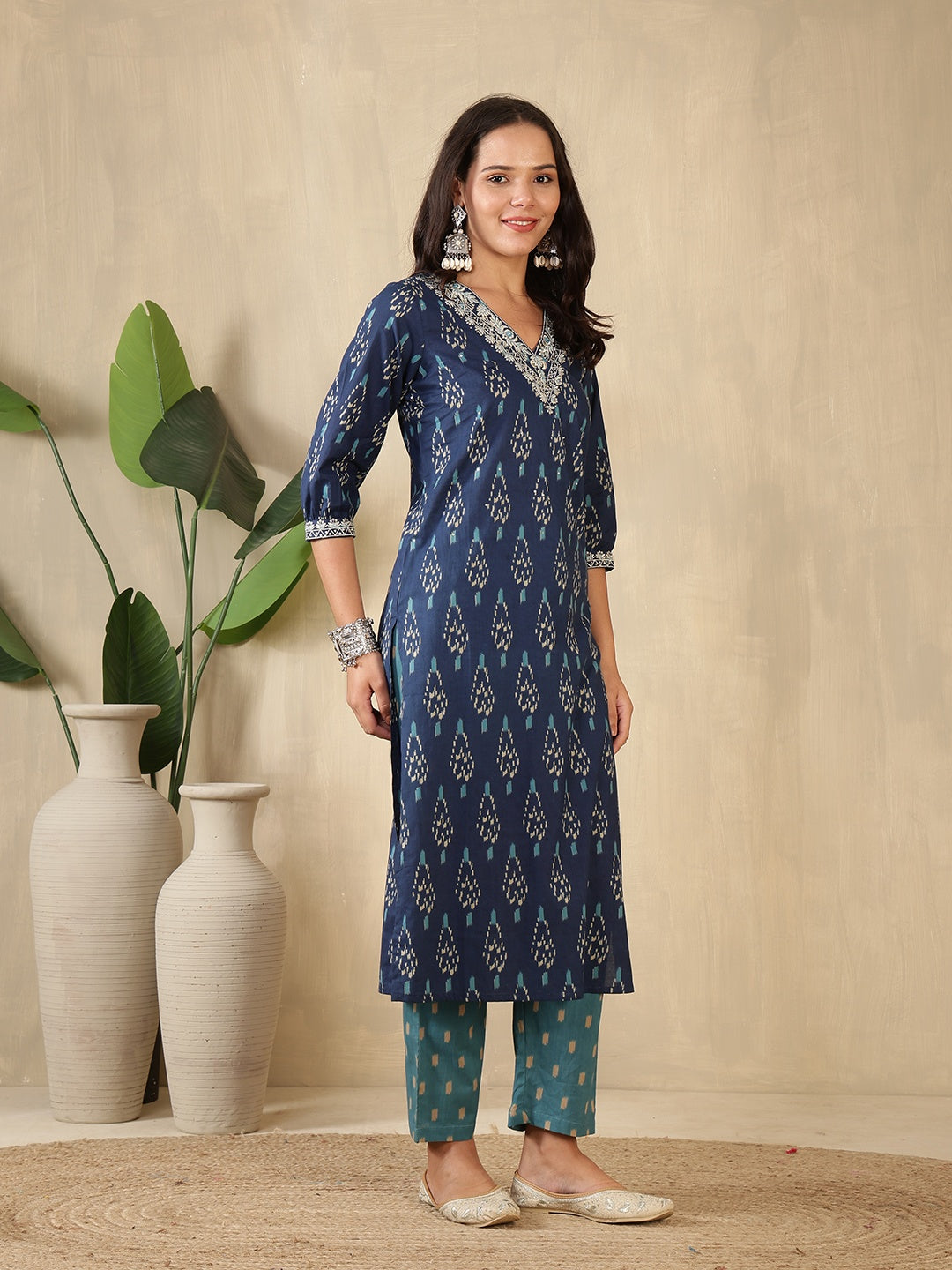 Printed Cotton Blend Suit With Pant &amp; Dupatta