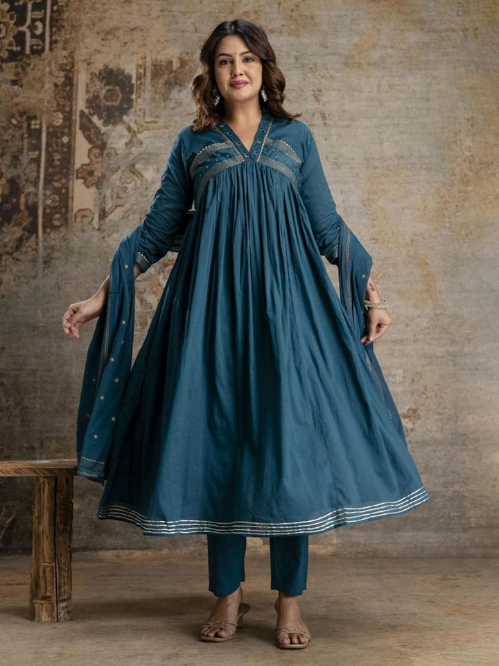 Blue Cotton Blend Embroidered Straight Suit Set