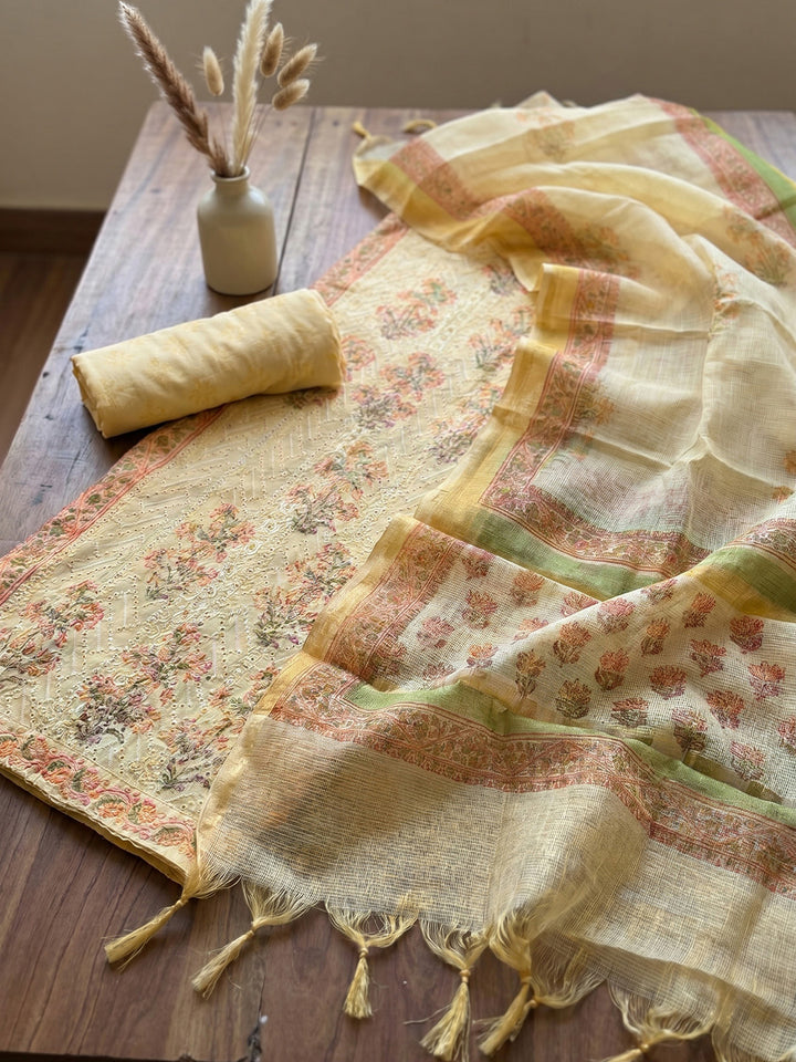 Printed Cotton Blend Unstitched Suit With Pant &amp; Dupatta