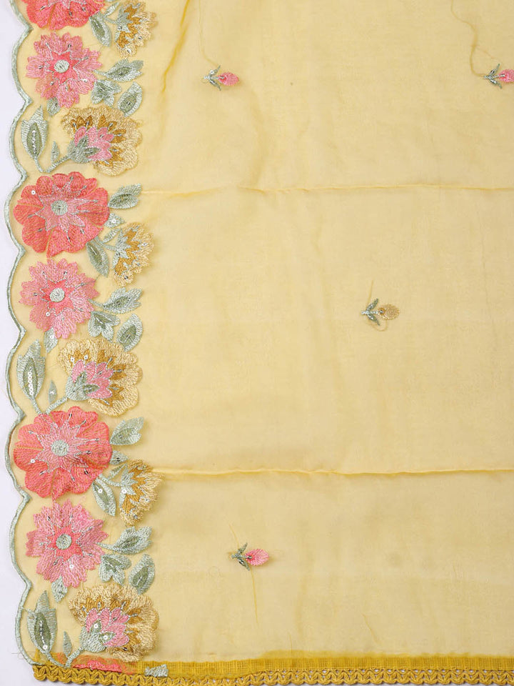 Embroidered Chanderi Unstitched Suit With Pant &amp; Dupatta
