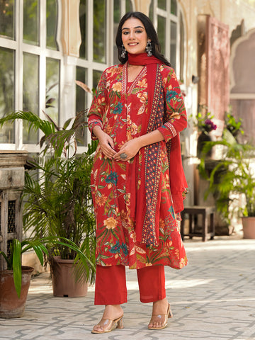 Digital Printed Cotton Blend Kurta With Pants & Dupatta