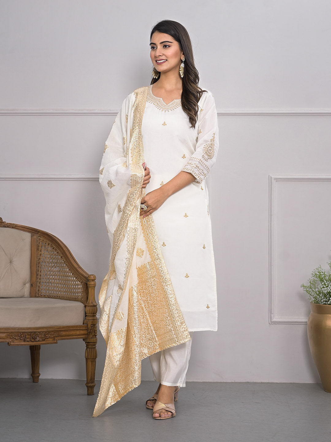 Neck Embroidery Cotton Blend Kurta With Pants &amp; Dupatta