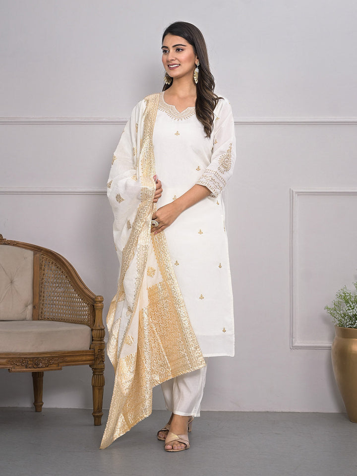 Neck Embroidery Cotton Blend Kurta With Pants &amp; Dupatta