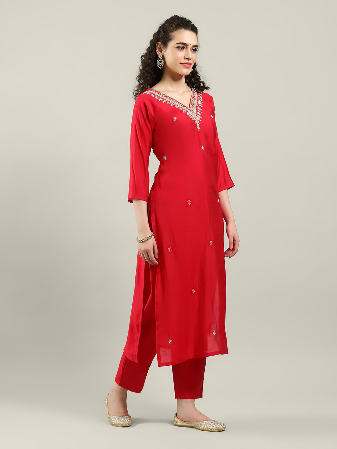 Embroidered Cotton Blend Kurta With Pants & Dupatta