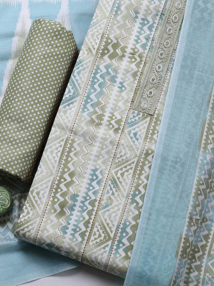Printed Cotton Blend Unstitched Suit With Pant &amp; Dupatta