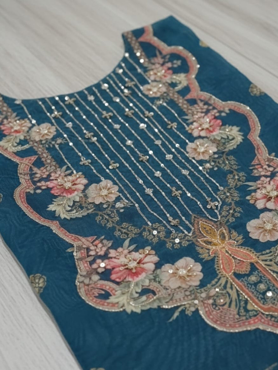 Embroidered Chanderi Unstitched Suit With Pant &amp; Dupatta