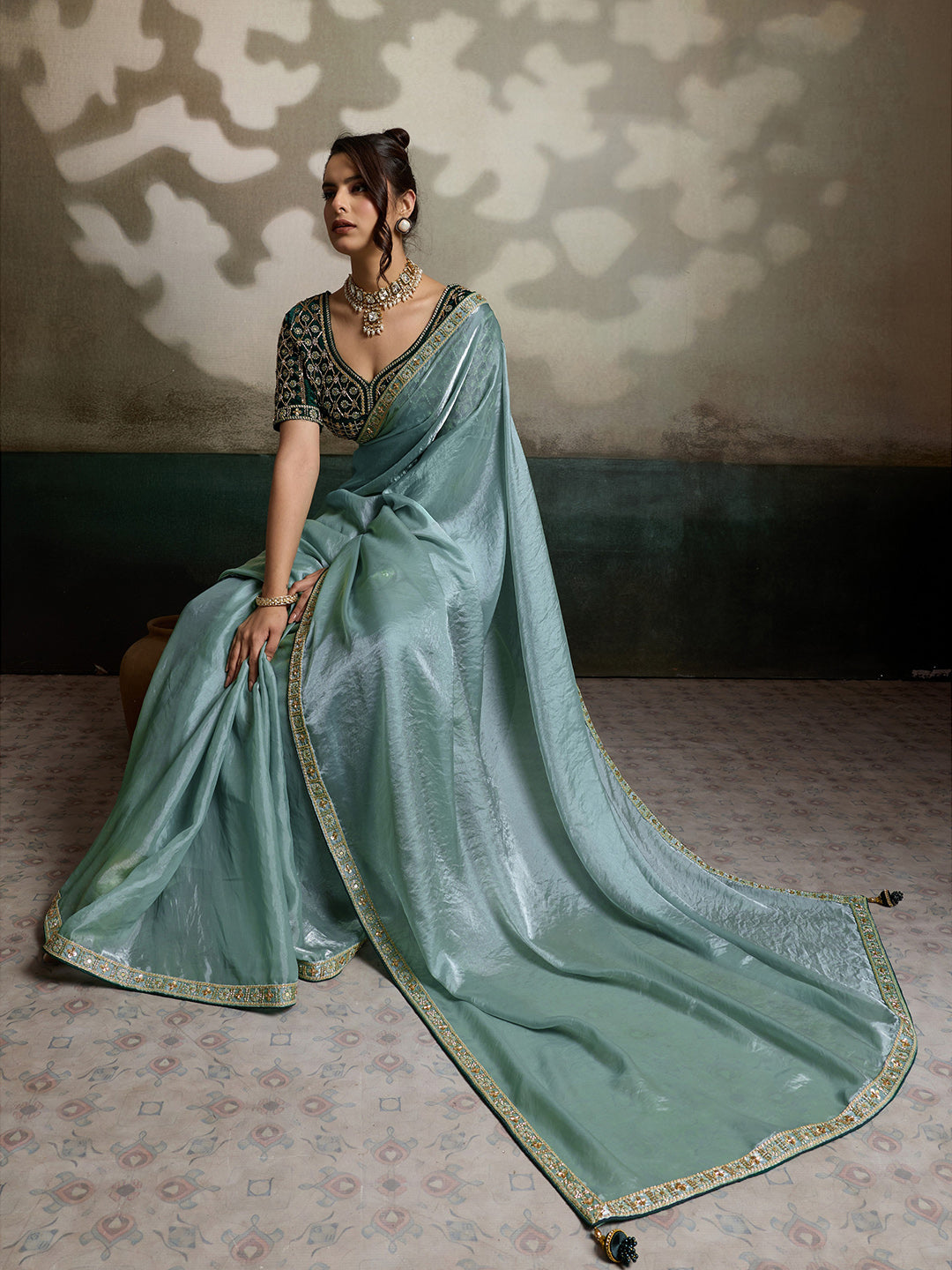 Embroidered Satin Saree With Readymade Blouse