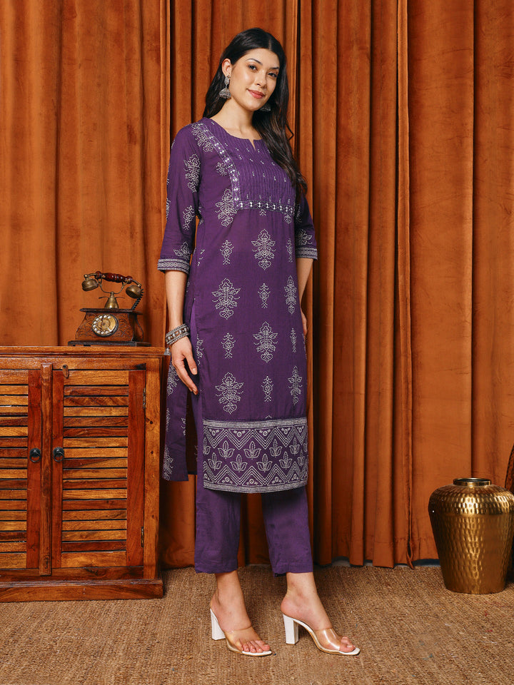 Printed Cotton Blend Kurta With Pants &amp; Dupatta