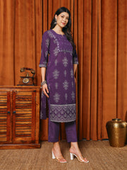 Printed Cotton Blend Kurta With Pants & Dupatta