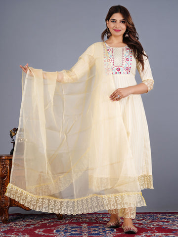 Cotton Anarkali Embroidered Suit Set With Lace