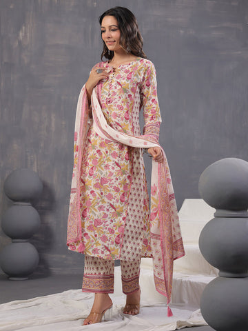 Floral Print Cotton Kurta With Pants & Dupatta