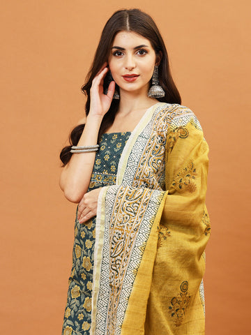 Schiffli Printed Cotton Blend  Unstitched Suit Piece With Dupatta