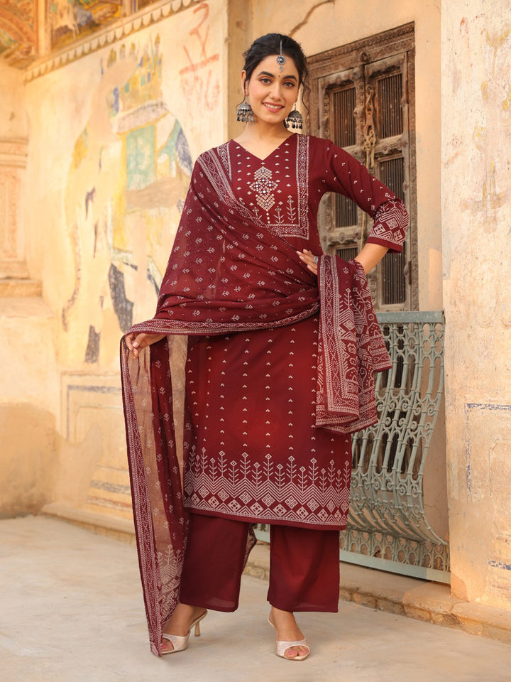 Wine Cotton Blend Printed Straight Suit Set