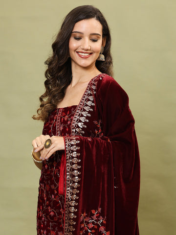 Neck Embroidered Velvet Unstitched Suit Piece With Dupatta