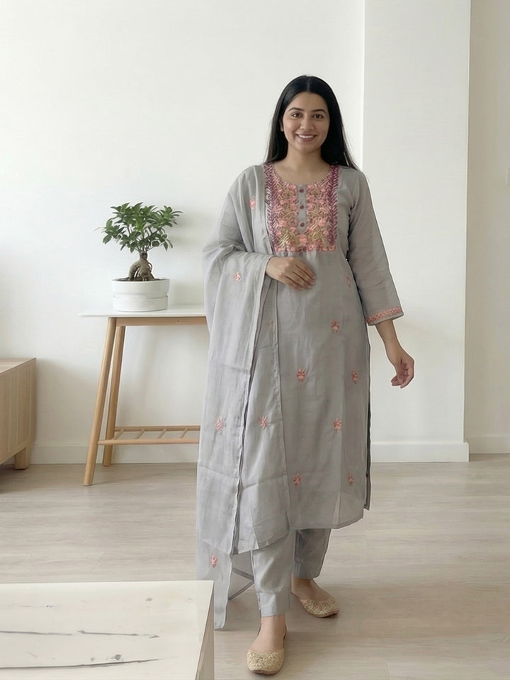 Grey Art Silk Printed Straight Suit Set