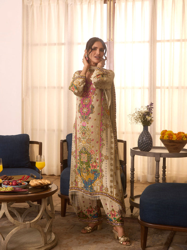 Embroidered Silk Crepe Kaftaan With Pant &amp; Dupatta