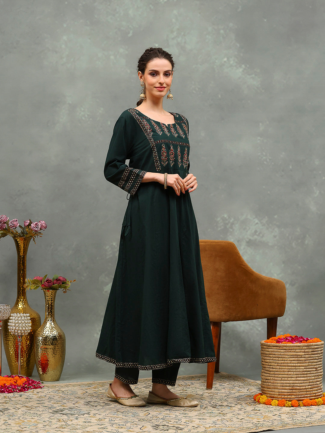 Embroidered Cotton Kurta With Pants &amp; Dupatta