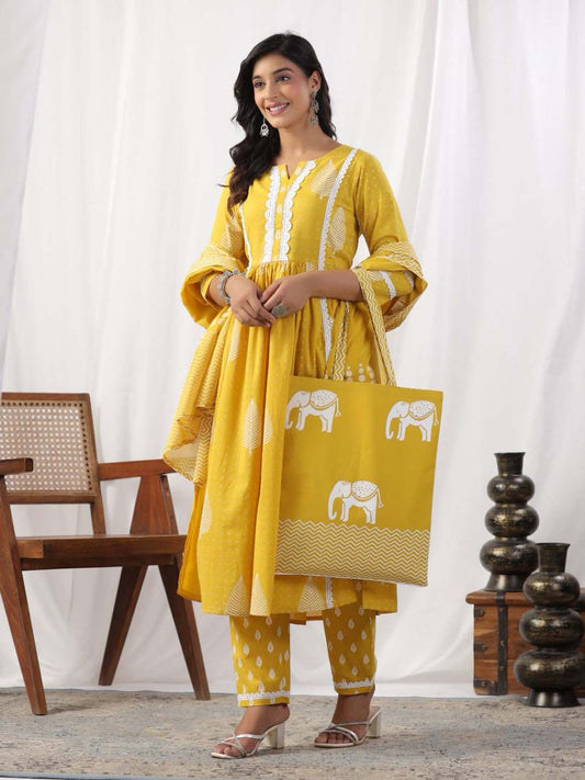 Printed Cotton Kurta With Pants & Dupatta With Bag