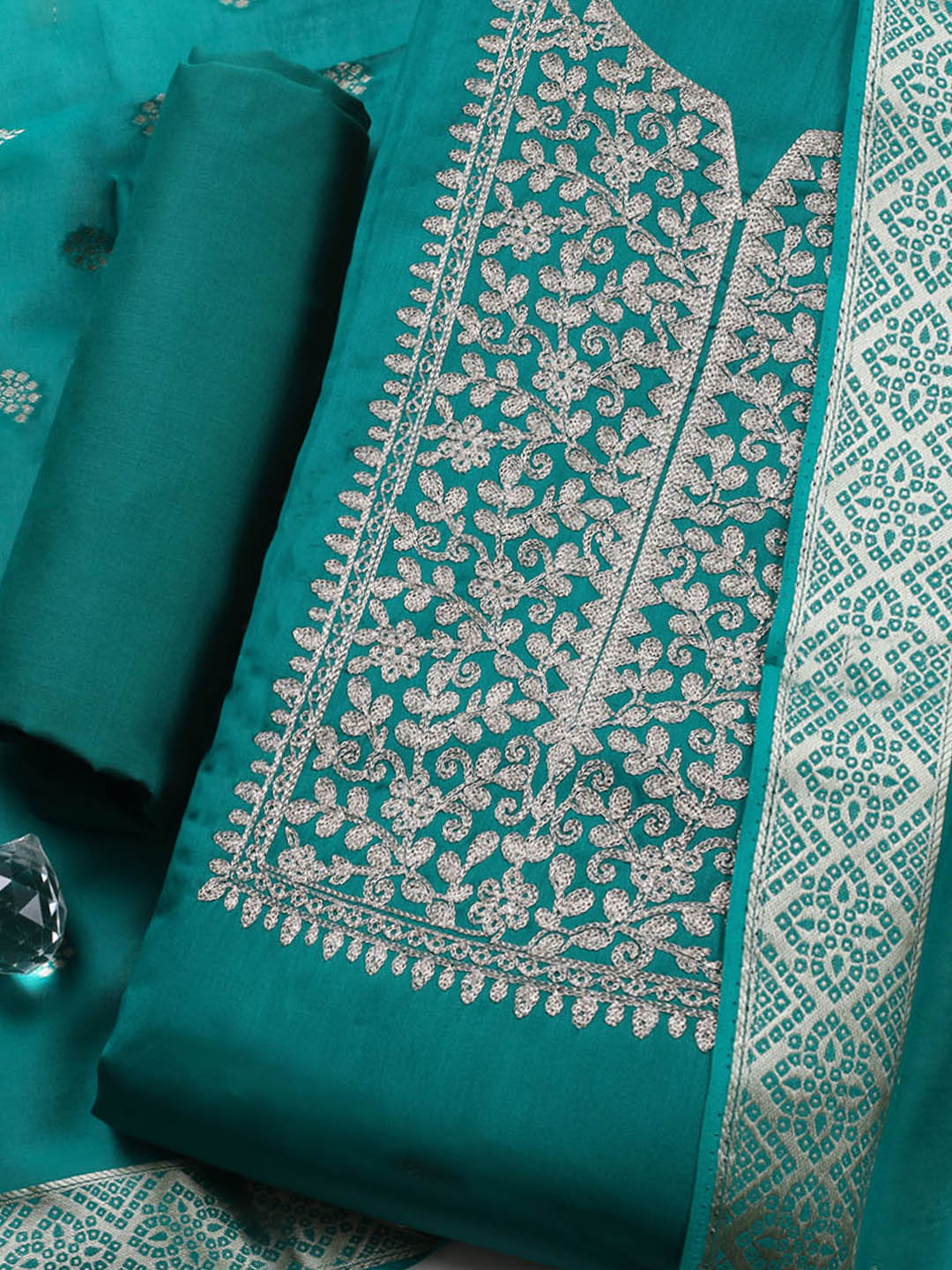 Neck Embroidered Chanderi Unstitched Suit With Dupatta