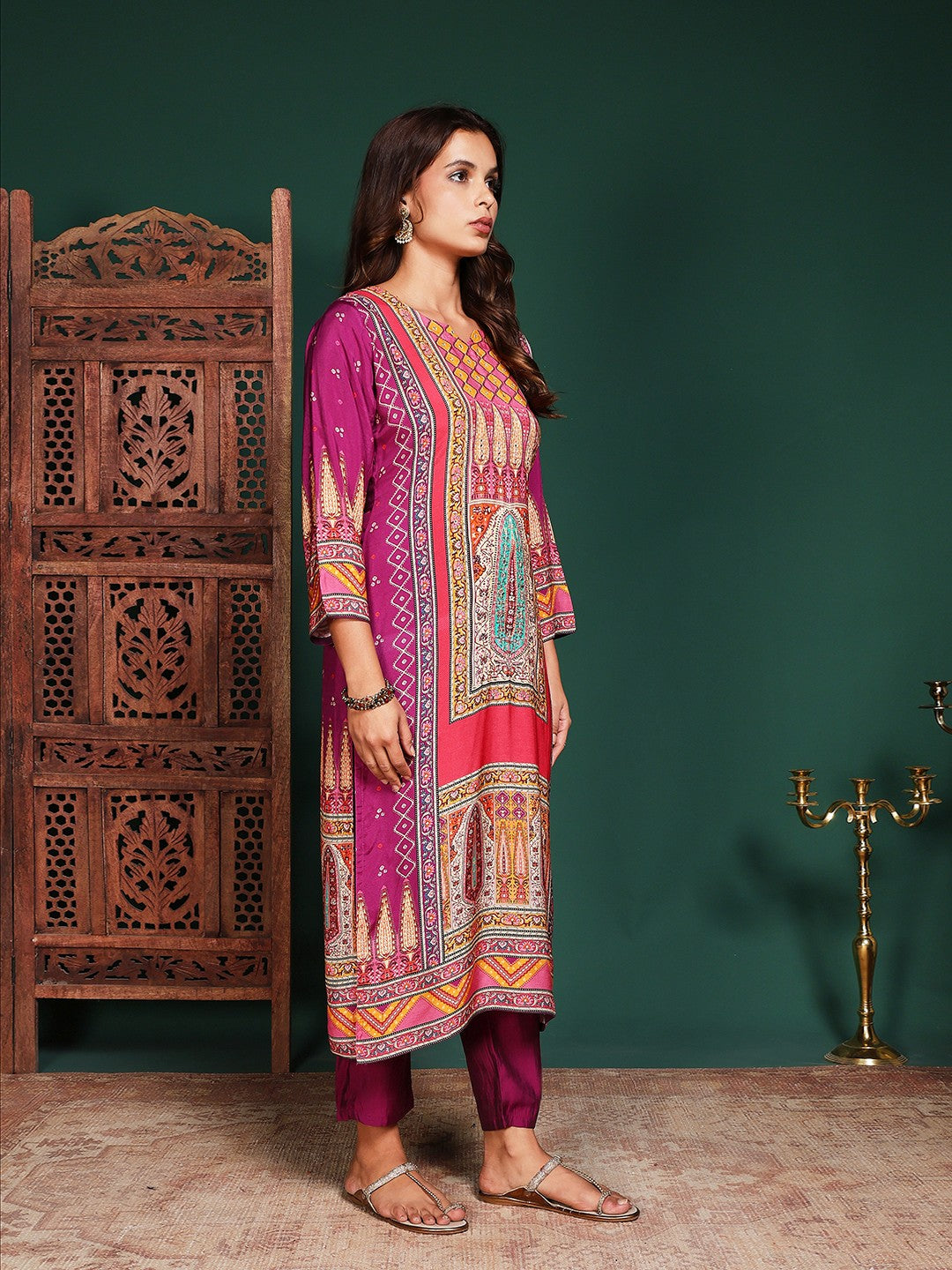 Floral Printed Art Silk Kurta With Pant &amp; Dupatta