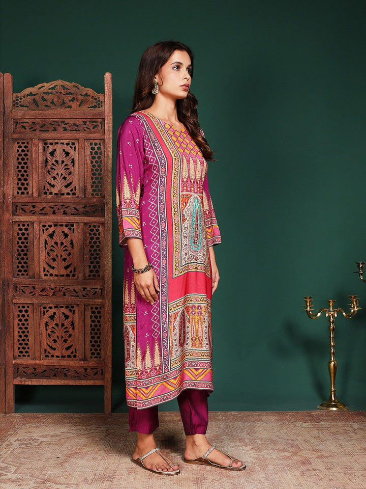 Floral Printed Art Silk Kurta With Pant &amp; Dupatta