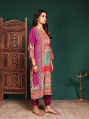 Floral Printed Art Silk Kurta With Pant & Dupatta