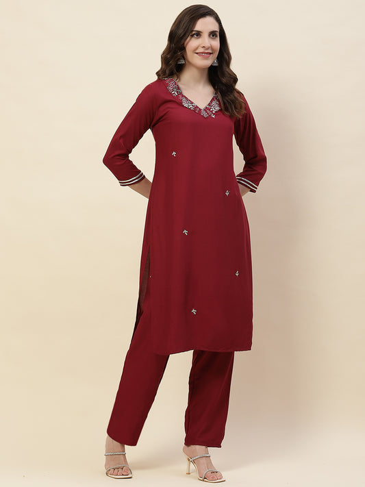 Neck Embroidery Cotton Kurta With Pants & Dupatta