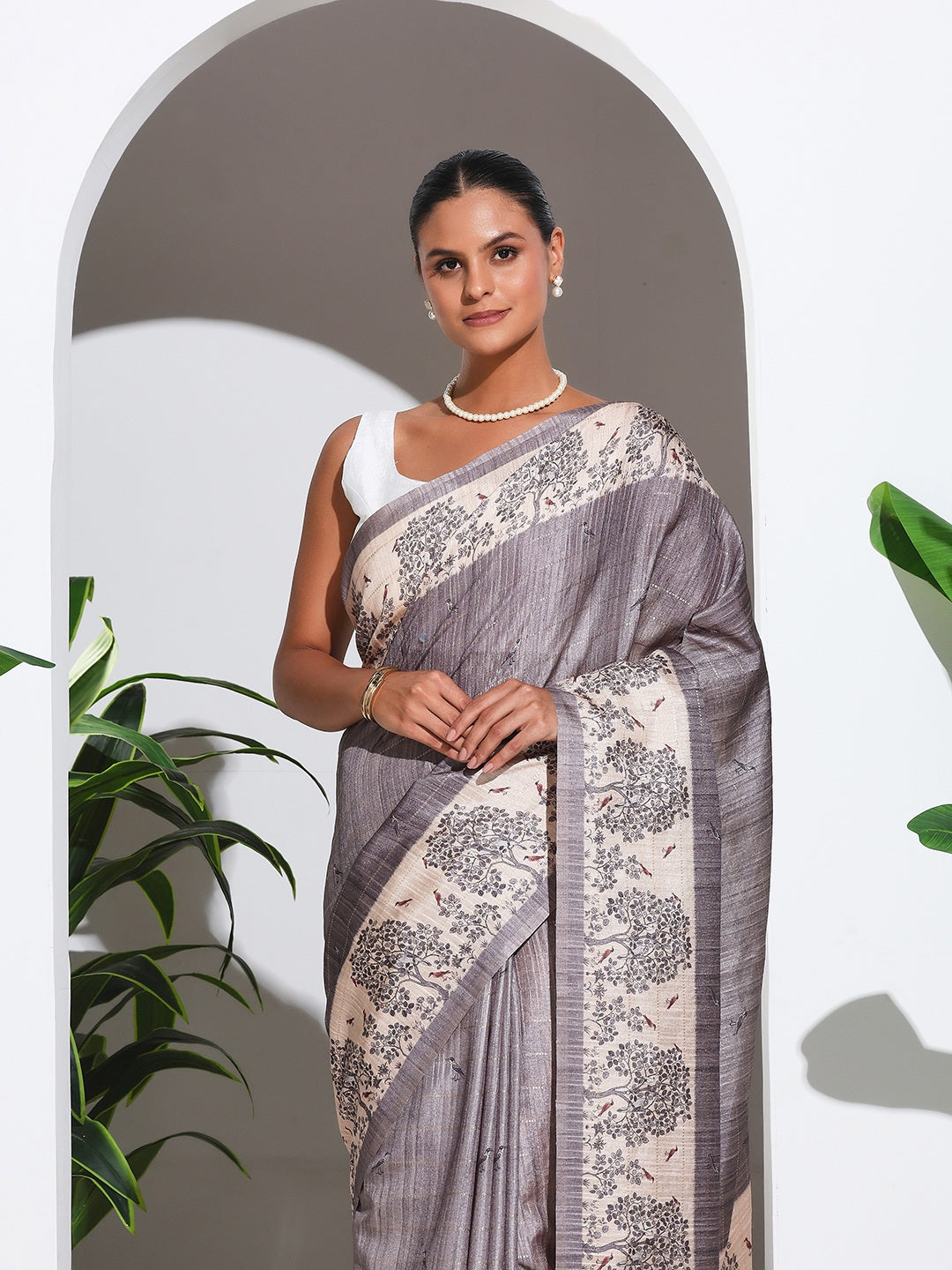 Floral Printed Tussar Silk Saree