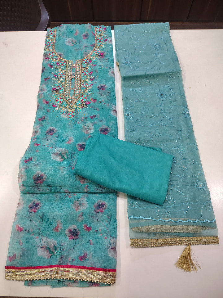 Embroidered Tissue Unstitched Suit With Pant &amp; Dupatta