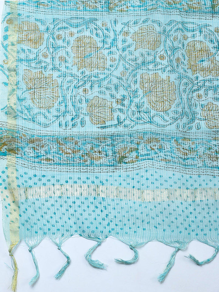 Printed Cotton Blend Unstitched Suit With Pant &amp; Dupatta