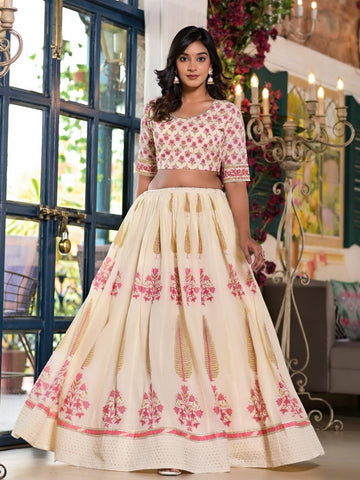 Floral Printed Cotton Choli With Lehenga & Dupatta