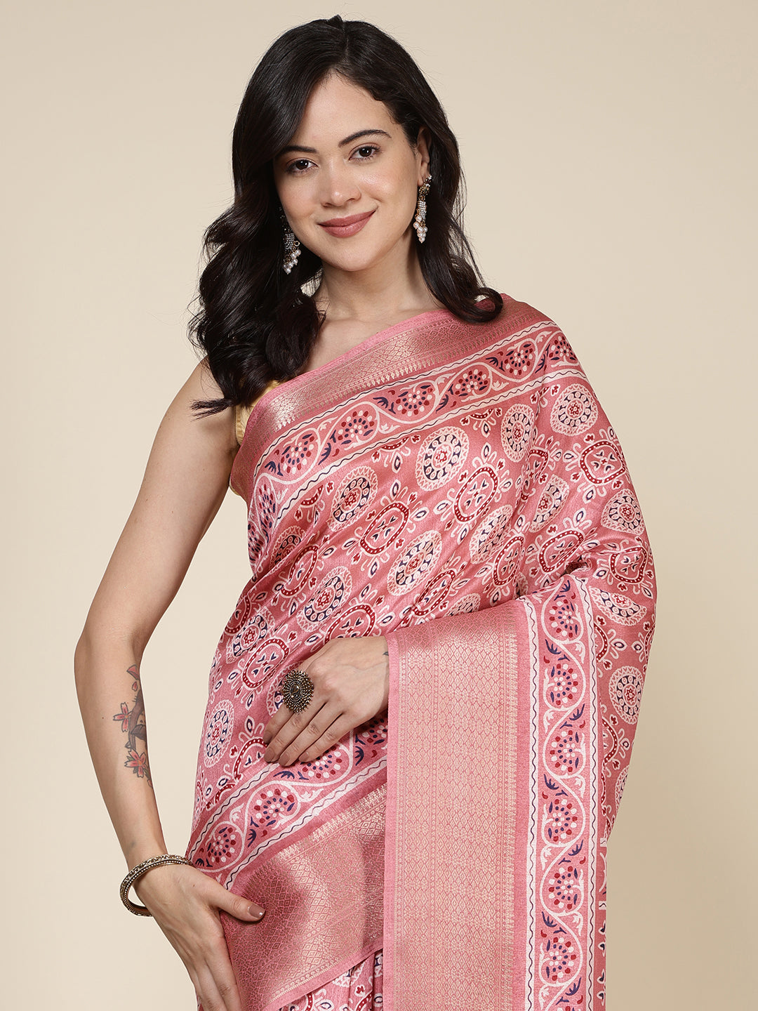 Ajrak Printed Dola Cotton Woven Saree