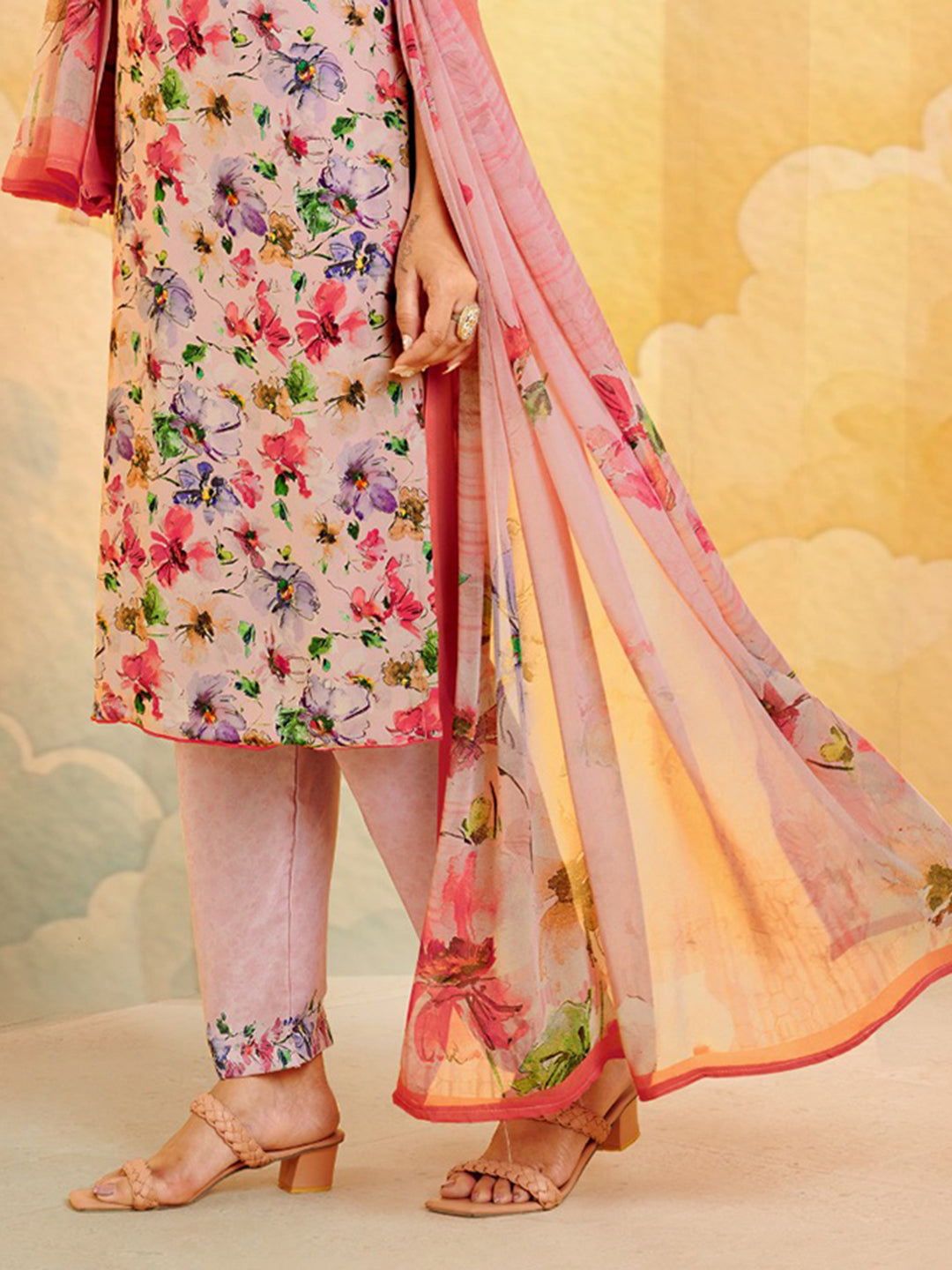 Printed Crepe Unstitched Suit With Pant &amp; Dupatta