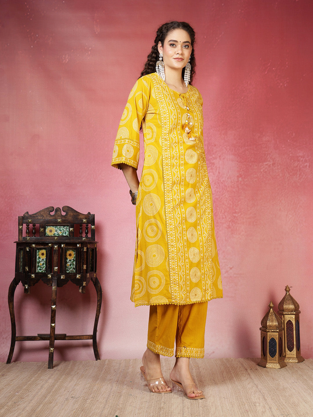 Mustard Cotton Blend Printed Straight Suit Set