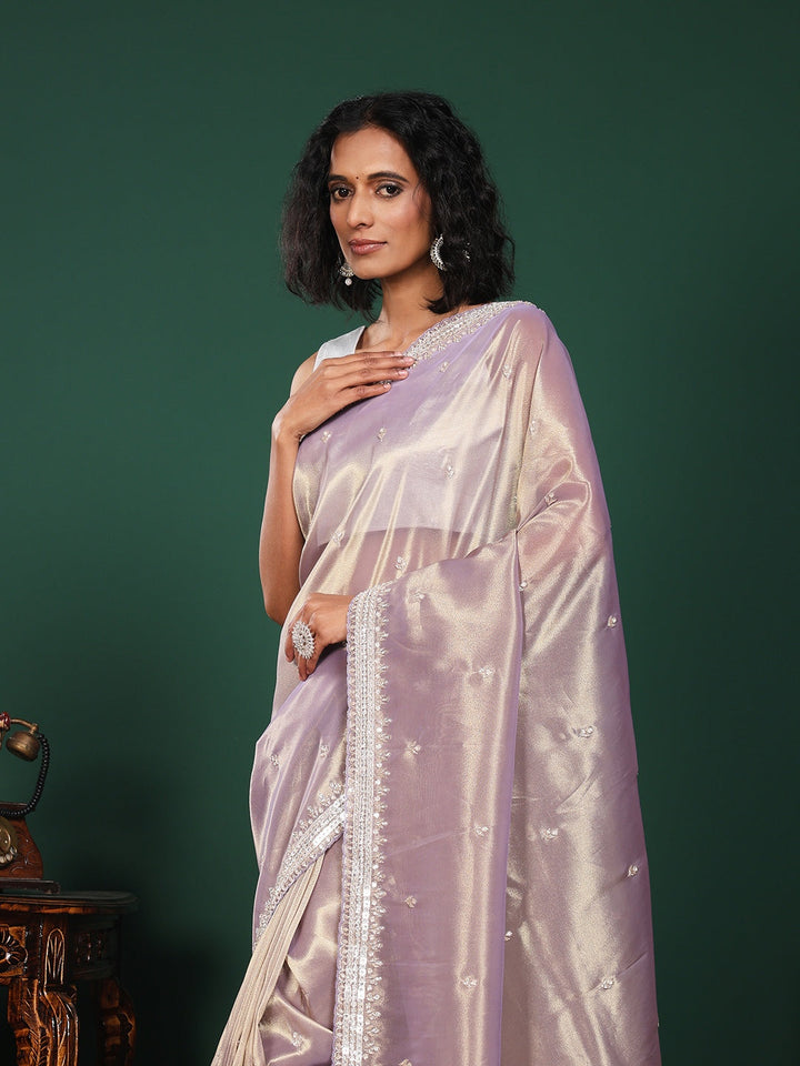 Stone &amp; Sequin Embroidered Tissue Saree