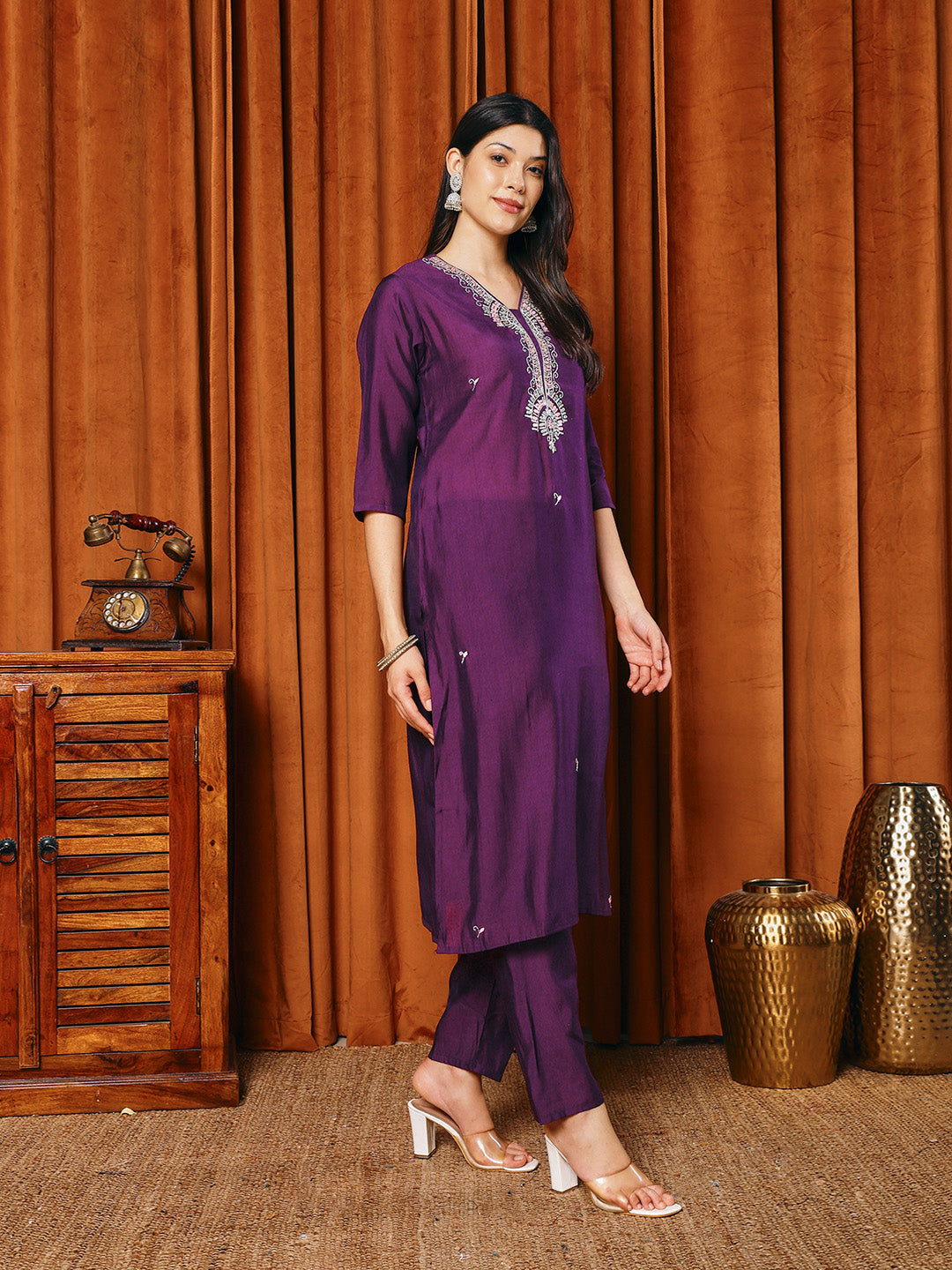 Resham Work Cotton Blend Kurta With Pants & Dupatta
