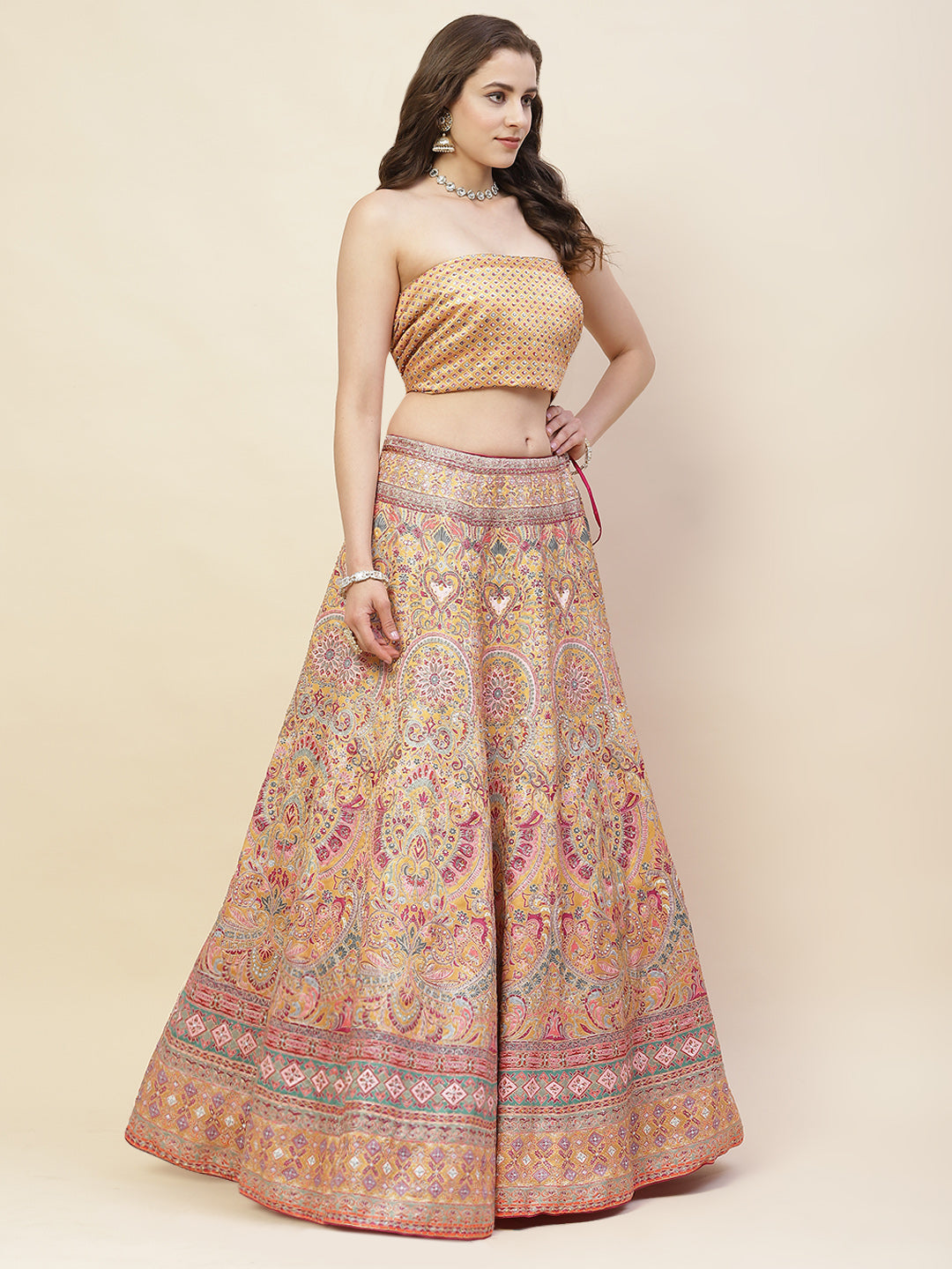 Printed & Thread Embroidered Choli With Unstitched Lehenga & Dupatta