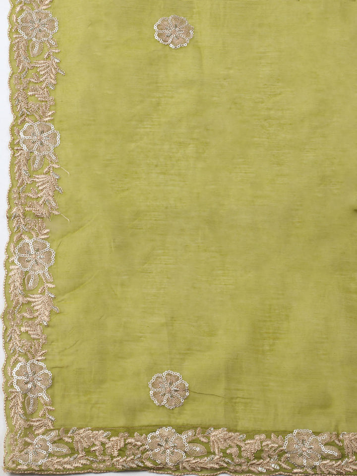 Embroidered Chanderi Unstitched Kurta With Pant &amp; Dupatta