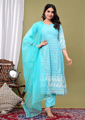 Embroidered Cotton Blend Kurta With Pant & Dupatta