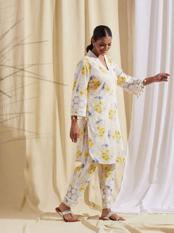 Floral Schiffli Cotton Kurti With Pants