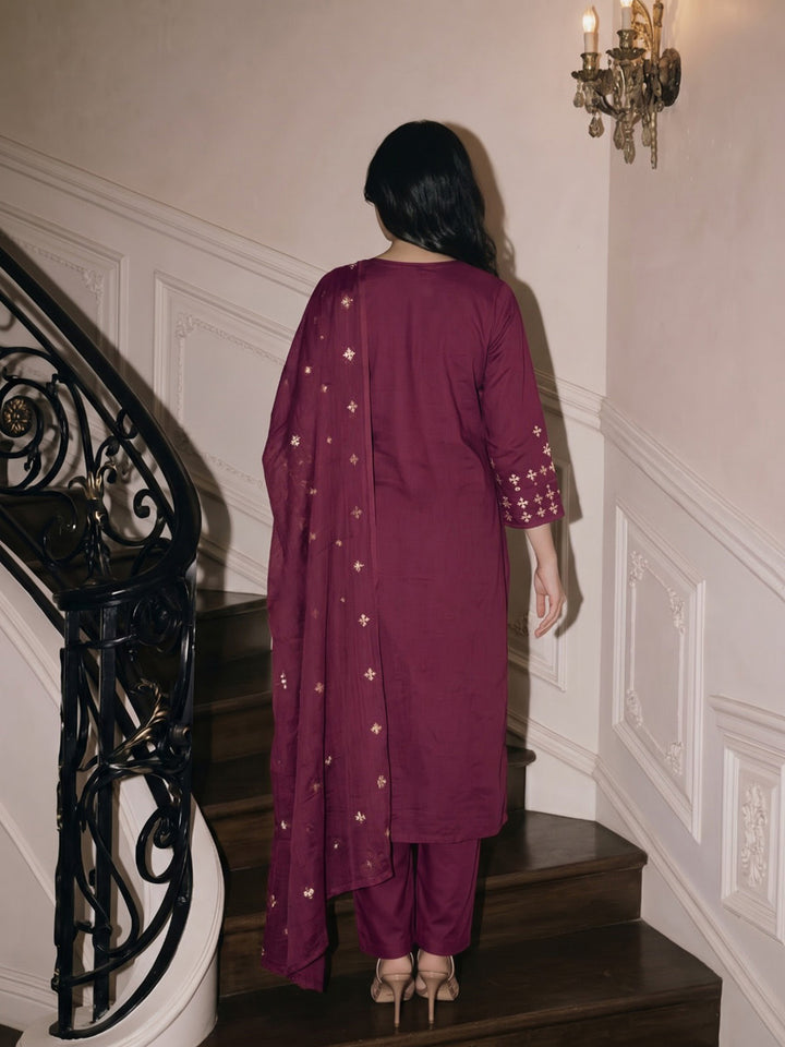 Wine Printed Cotton Blend Kurta With Pant &amp; Dupatta