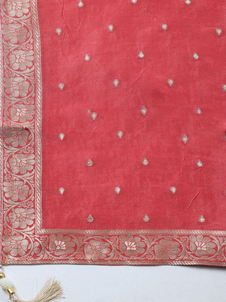 Embroidered Chanderi Unstitched Suit With Pant &amp; Dupatta