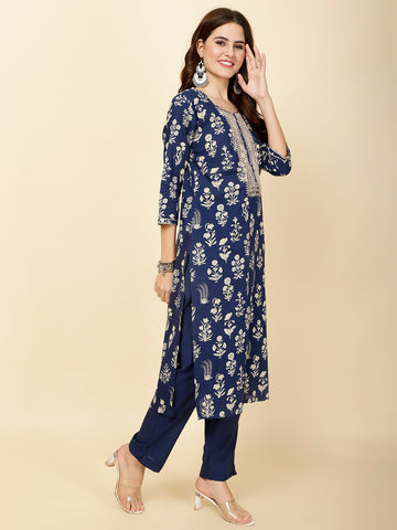 Neck Embroidery & Printed Cotton Kurta Set