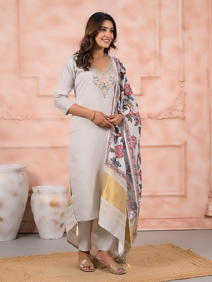 Neck Embroidered Cotton Blend Kurta With Pants &amp; Dupatta